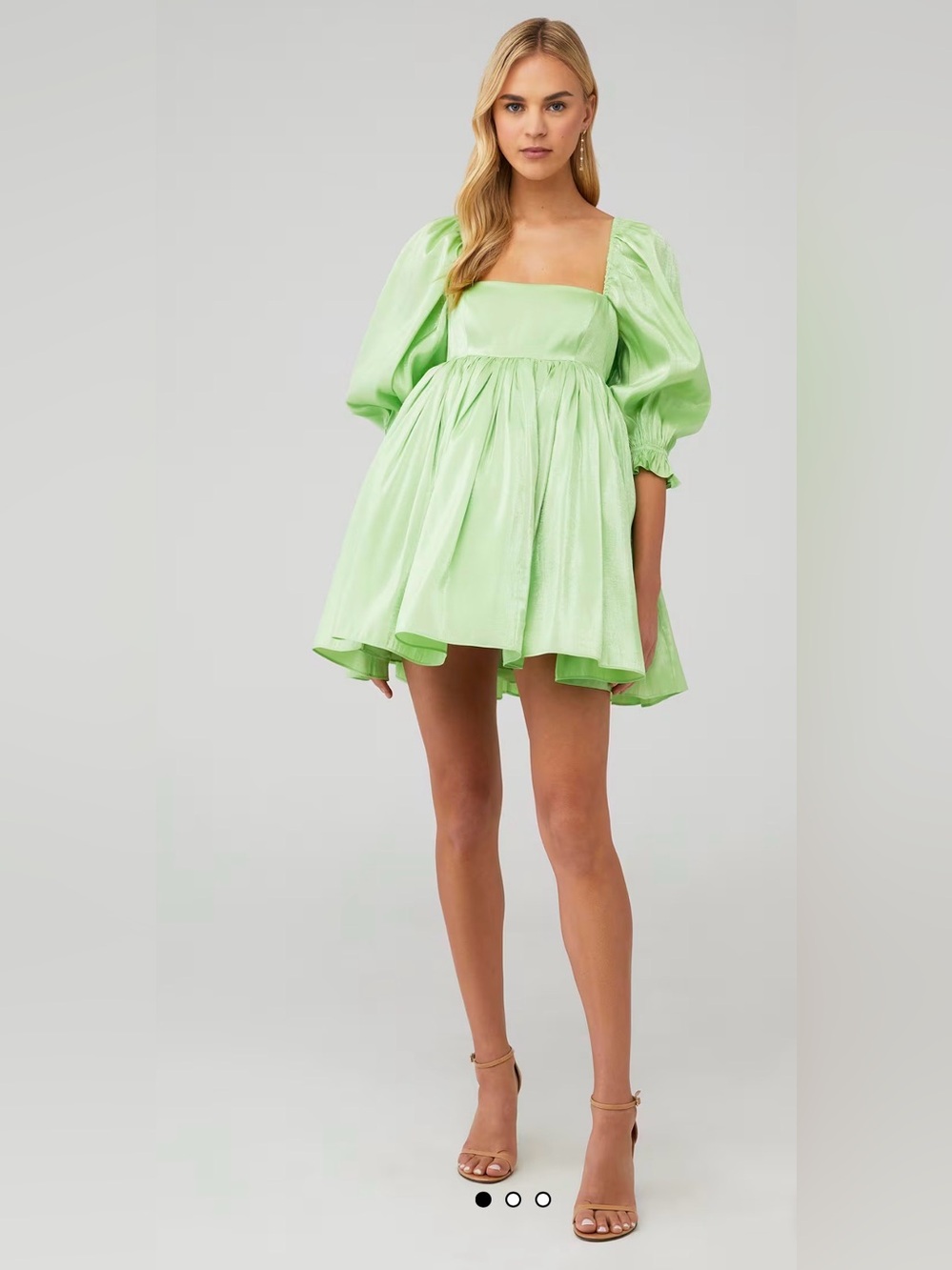 SELKIE Shiny Puff Sleeve Mini Dress in Light Green - Picture 2 of 9